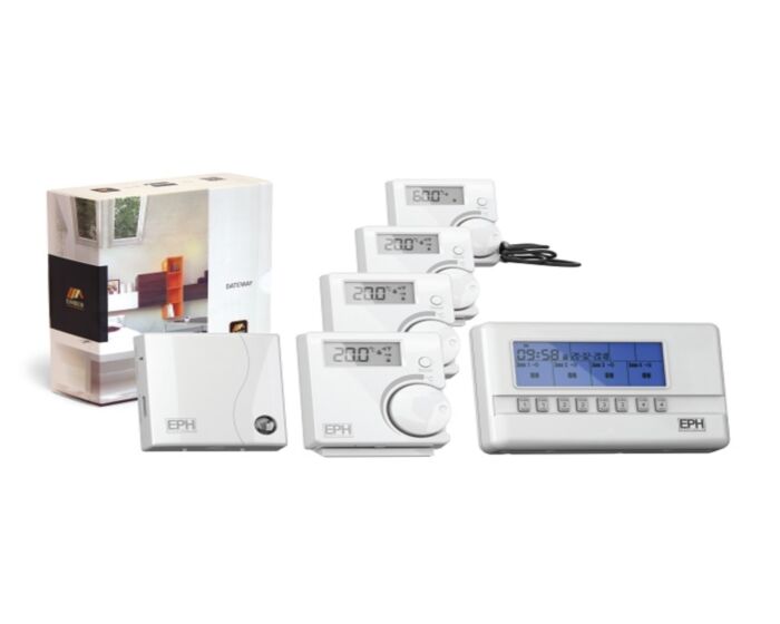 Set of electronic thermostats with packaging on a white background