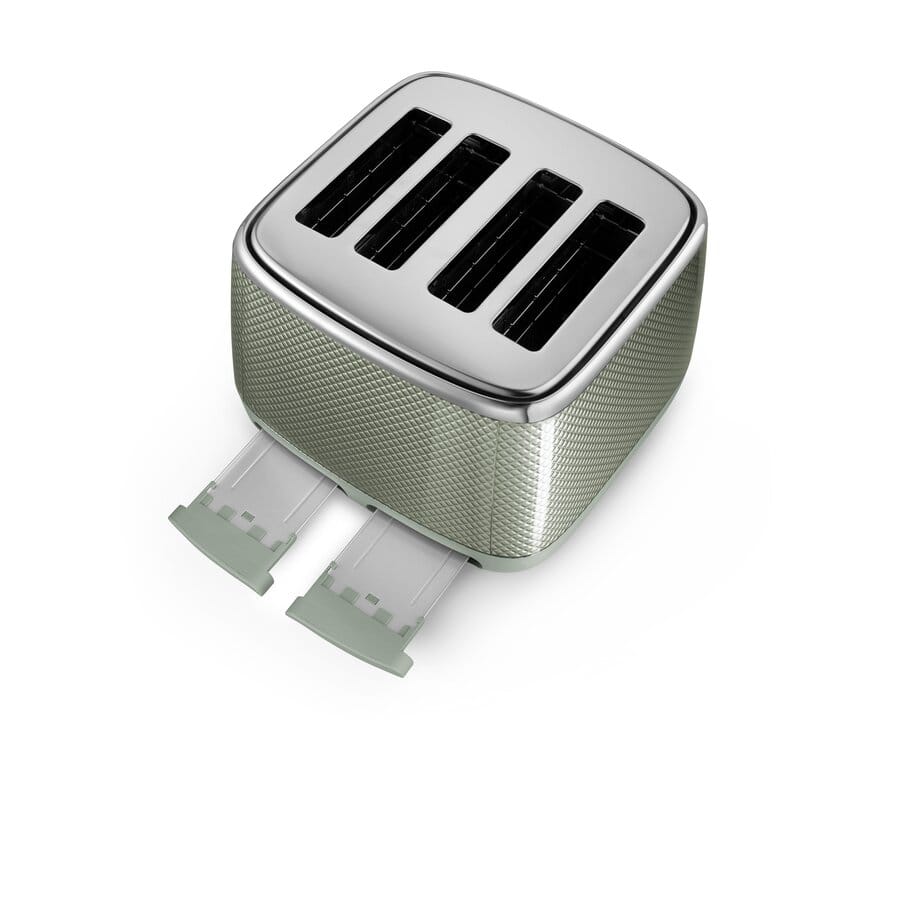 Silver toaster with black slots on a white background