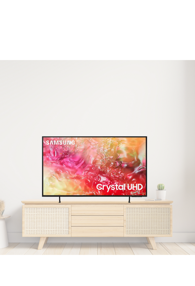 Samsung TV on a wooden stand with a colorful display