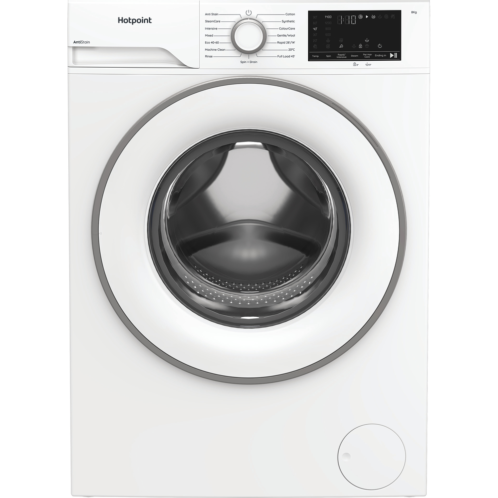 White Hotpoint washing machine with a clear door on a white background