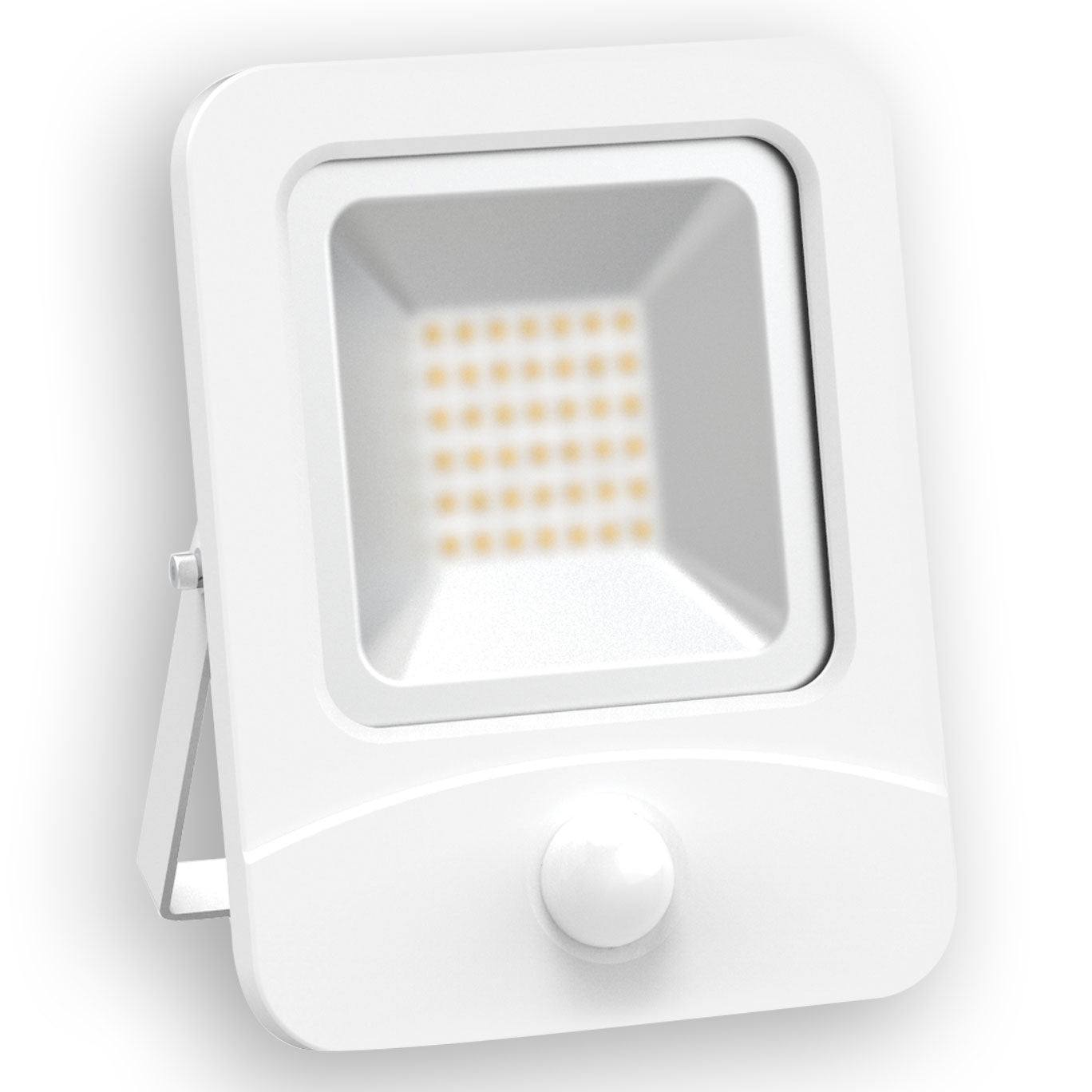 White LED flood light with motion sensor on a white background