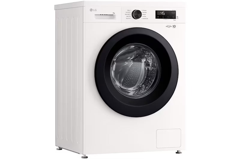 White LG washing machine with black door on a white background