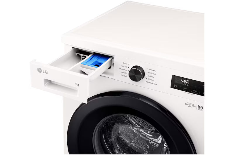 White LG washing machine with open door on a white background