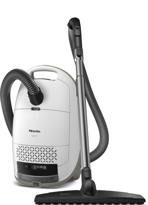 White Miele vacuum cleaner with black hose on a white background