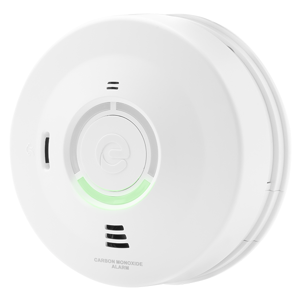 White carbon monoxide alarm with a green light