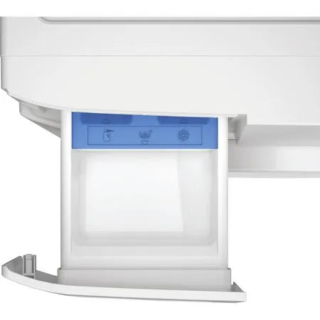 White electronic device with a blue display on a white background