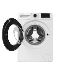 White front-loading washing machine with open door on a white background