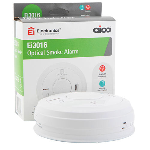 White optical smoke alarm with packaging displaying 'Ei3016'