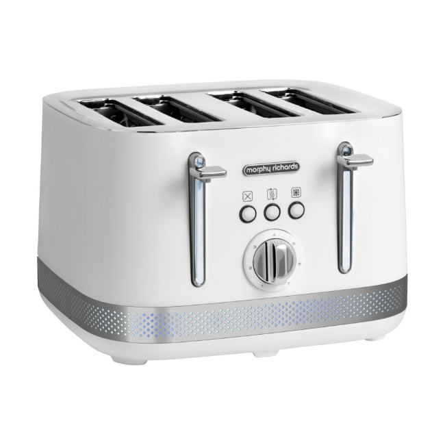 White toaster with silver accents on a white background