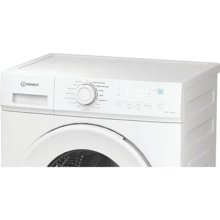 White washing machine with Indesit branding on a white background