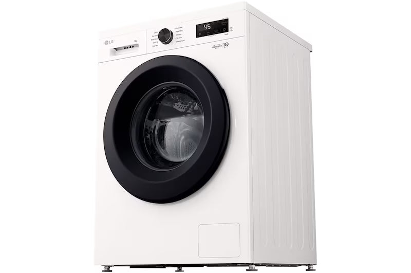 White washing machine with black door