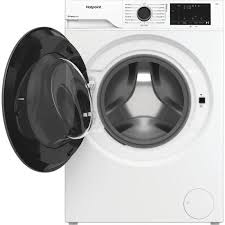 White washing machine with open door on a white background